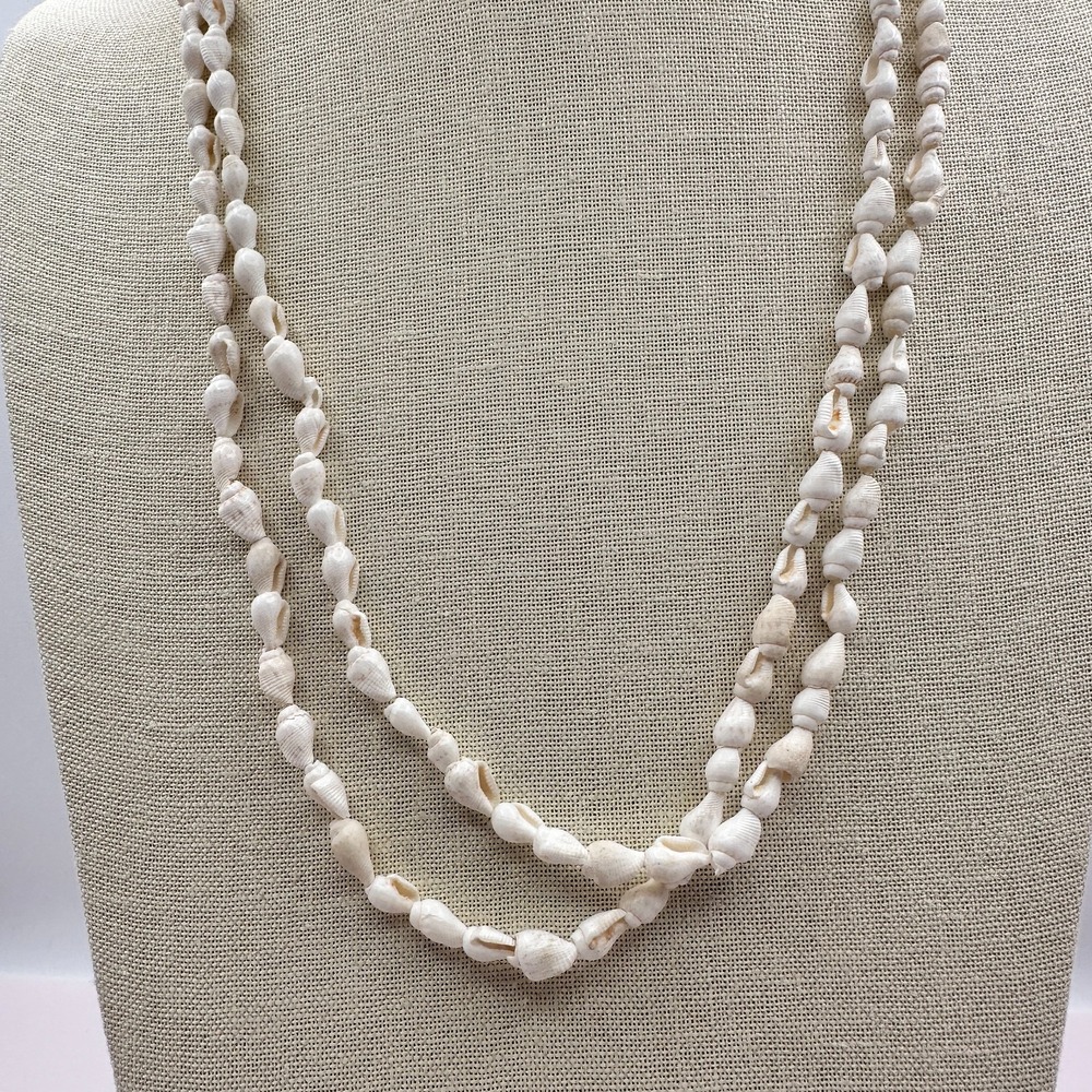 Vintage 90s Boho White Seashell Double Strand Necklace Beach Women's Jewelry - Picture 3 of 10